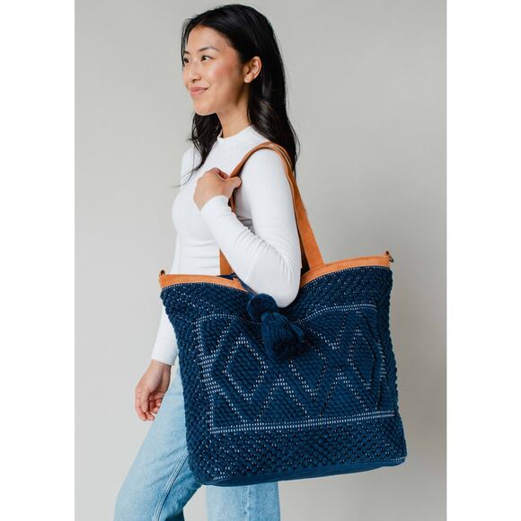 Navy Blue Leather Trim Diamond Pattern Cotton Blend Textured Tote Bag Pom Tassel - Picture 2 of 3